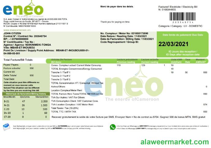 Cameroon ENEO electricity utility bill template in Word and PDF format (current version)